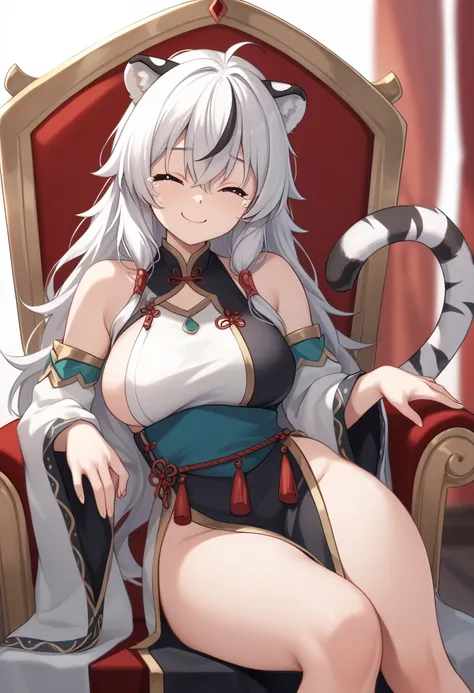 1girl, solo, 4k, long hair, white hair, messy hair, white tiger ears, white tiger tail, closed eyes, kind look, smile, tears in eyes, happy, Arabic clothes, grey clothes, black clothes, multicolored clothes, queen, sitting on throne, medium breasts, mature...