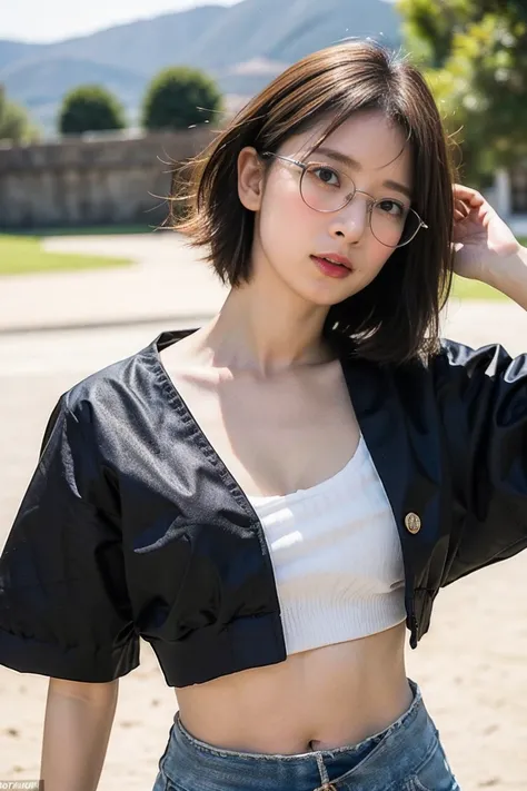 female]: 1.2 + [beauty]: 1.2 + black long hair: 1.2)), egypt scriptures background, (one piece), collared jacket, crop top, midriff, navel, sarong, short sleeves, (eyewear on head), hair slicked back, plunging neckline, cowboy shot, aqua eyes, dynamic angl...