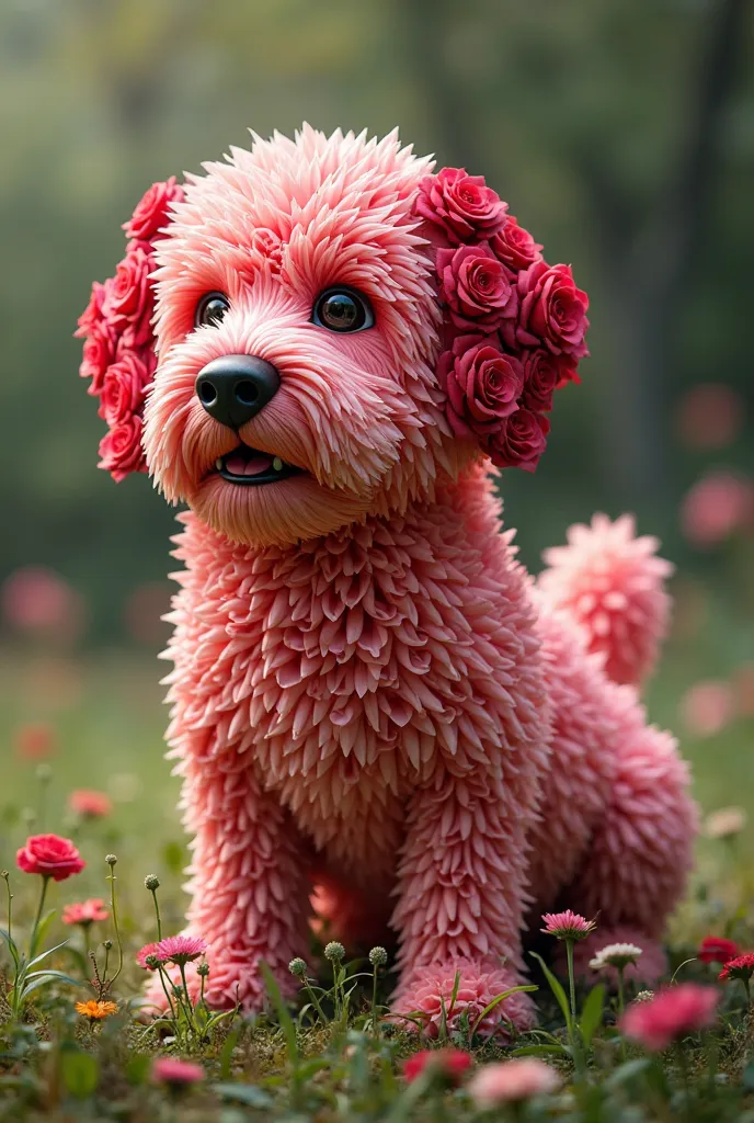 A dog made by roses