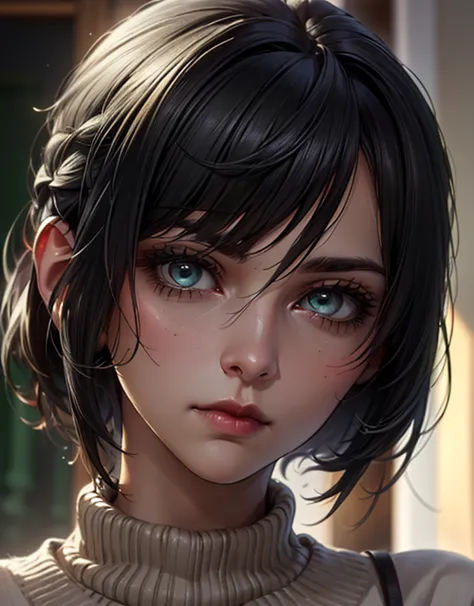 (work of art:1.3), (8k,  Futureali ,  CRU , best quality: 1.4), (1 girl), pretty face, ( realistic face ), (black hair,  short hair:1.3), beautiful hairstyle,  positive negative , Beautiful detailed eyes, (  realistic skin  ),  beautiful skin , ( sweater )...