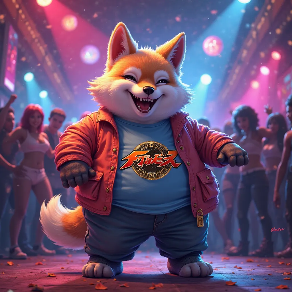 Cute fat wolf wearing a shirt emblazoned with KOF is being a disco jockie 