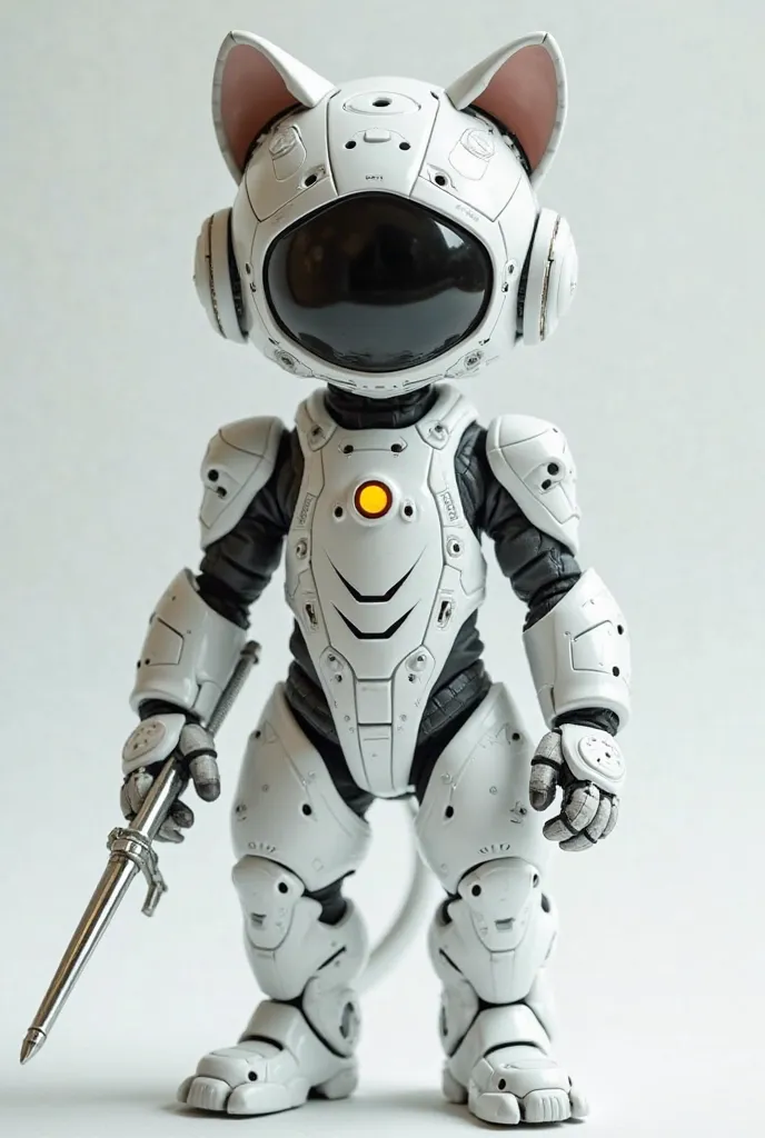 is wearing a white nanomachine tight suit、Adorable anthropomorphic kitten、the head is wearing a full face helmet made by nanomachines,The face is empty,I can see the kitten's face from an empty place,The helmet has cat ears,  has a weapon in his right hand...