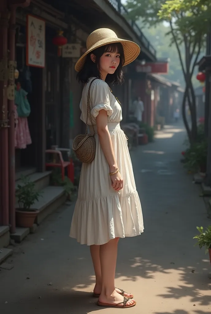 1girl, ((city in Vietnam)), ultra high res,(realistic:1.3)),((random pose)), deep shadow,(best quality, masterpiece), dimly lit, shade, flustered, blush, highly detailed, depth of field, film grain, wrinkled skin, looking at viewer, warm smile, solo, hat, ...