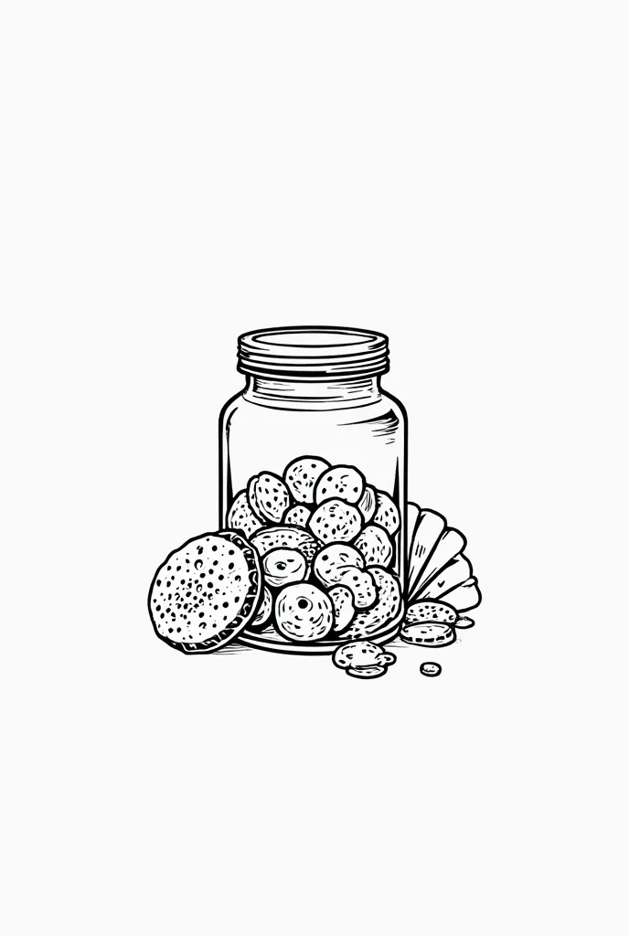 “Minimalist black line art logo of a classic glass jar with a secure lid, filled with recognizable Thai snacks like biscuits and wafers. The design should be clean, modern, and elegant, with simple yet detailed outlines for clarity. Keep the composition ba...