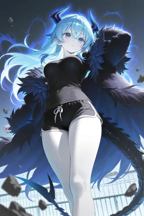 best image quality、High Resolution、 diamond blue hair 、special eye 、Feather coat、Alien Tail、 Dragon Horn、rooftop、、  black t-shirt 、beautiful breasts、  best thighs、Blue aura、 long hair、best image quality、floating rubble、Xenomorph、Cosmic Aura 、black shorts、 ...