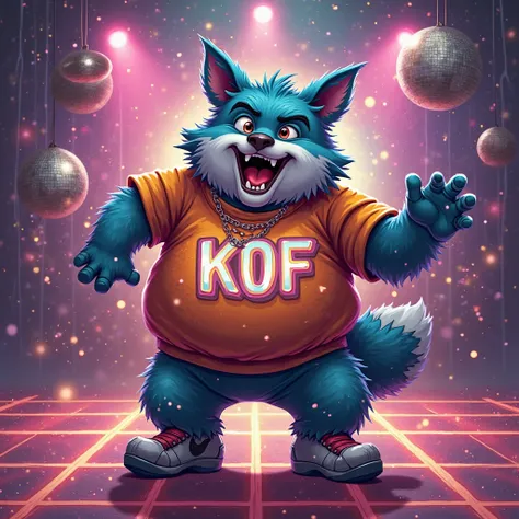 Funny fat wolf wears shirt with text "KOF" being a disco jockie 