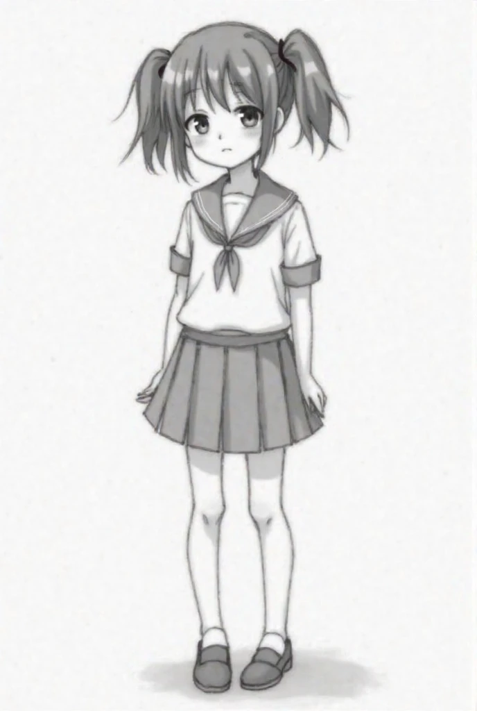 A primary school girl in her uniform. Has two poneytail on her head. Sad face expression. Art style pencil. Full body. 