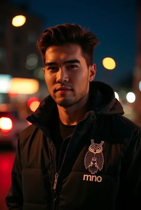 Portrait shot, natural light, analog film photo, Kodachrome ,handsome man, night road background, wearing jacket with Owl logo and *MNO* text under