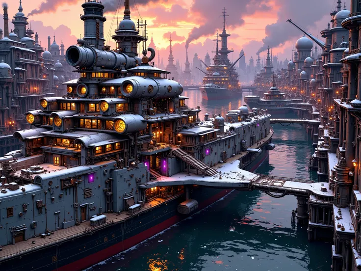 in the style of ck-mgs, A digital artwork in the style of cknc, a_skynet_cyberdyne_craft.
In the futuristic, steampunk mix Fantasy city naval base. The Anime cinematic scene. Steampunk Naval ships in winter camouflage of grey and white paint are moored aga...