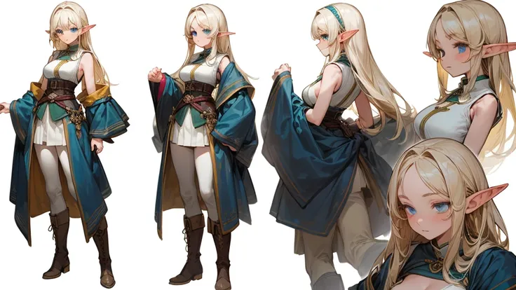 masterpiece:1.6, best quality:1.4, intricate details:1.2,  charturnerv2, full body character turnaround of 1girl, detailed face, (front view, side view, back view)
(Appearance: elf girl, elf ears, blue eyes, beautiful eyes, detailed eyes, big breast, tall)...