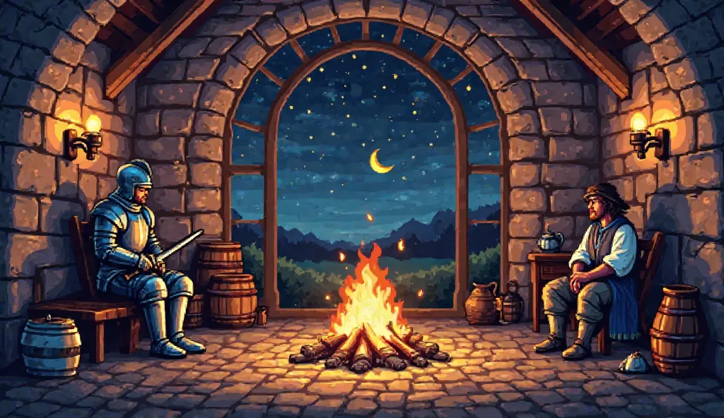 Create a detailed medieval scene inside a stone-walled room with a large arched window. Outside the window, a starry night sky and a crescent moon glow softly. In the center of the room, there’s a campfire with lively flames casting warm, flickering light....