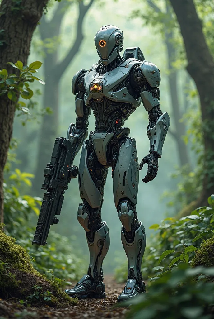 Futuristic robotic game character with weapon standing in a deep green forest 