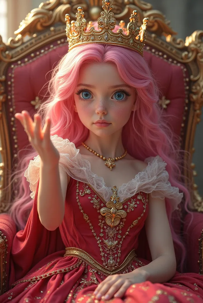 A girl with pink hair,  with a golden crown , And a red princess dress with golden touches,  sitting on a throne , Blue-eyed, Grabbing a crown, With the eyes of triumph 
