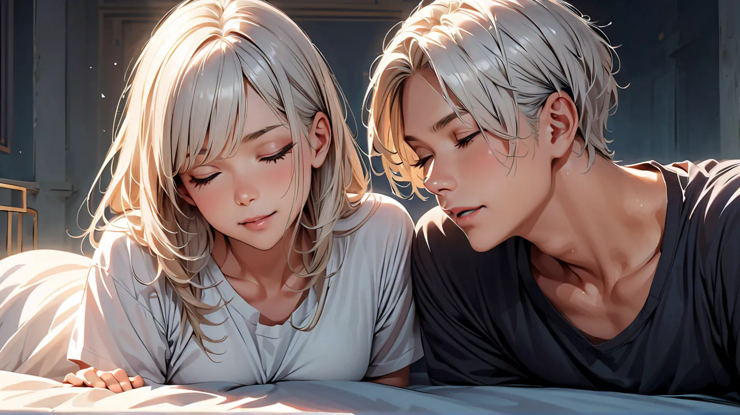 mastarpiece, 2 people, a boy and a girl with silver hair,  silver hair，wolf cut, black shirt,  beautiful eyes,  double eyelids，lying on the bed， with blue eyes ，While sleeping