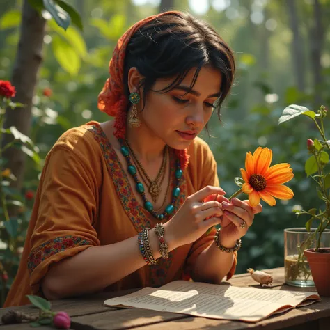 A realistic photograph of an Arab student sitting at a table examining a flower in a botanical garden ,  slightly chubby figure, coarse-pored skin , Crunchy wide nose, pronounced cheekbone,  bushy eyebrows , Hair sheared to 8 mm short ,  no excessive physi...