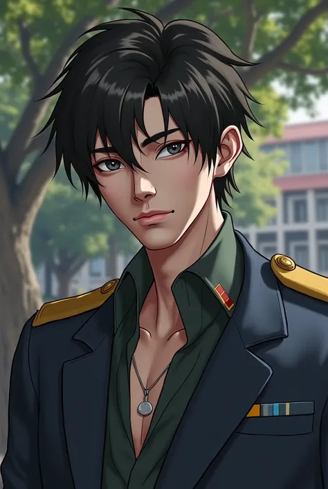 An 18-year-old young man in a dark green ROTC uniform, well-fitted and neat, exuding a composed and disciplined aura. His slightly tousled black hair falls naturally, complementing his sharp, cold gaze that holds a mysterious charm. The background is fille...