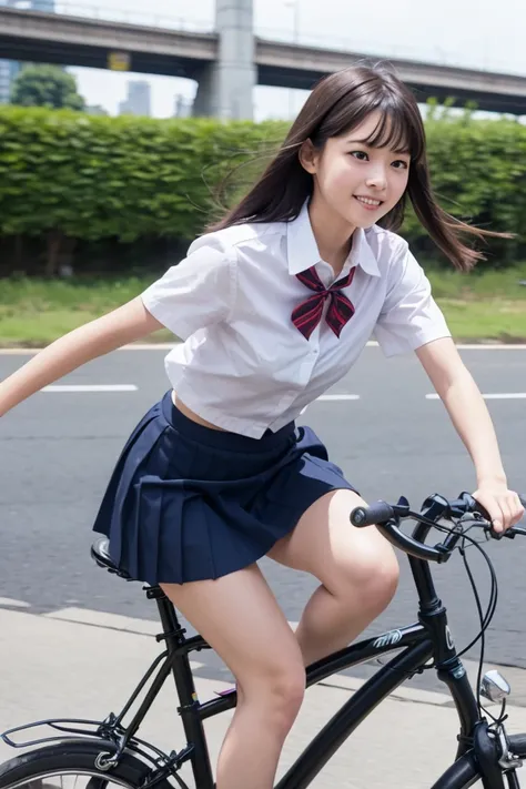 A schoolgirl in a mini skirt is riding a bicycle,The background is a panning shot.She is riding around a curve while leaning her bicycle.
