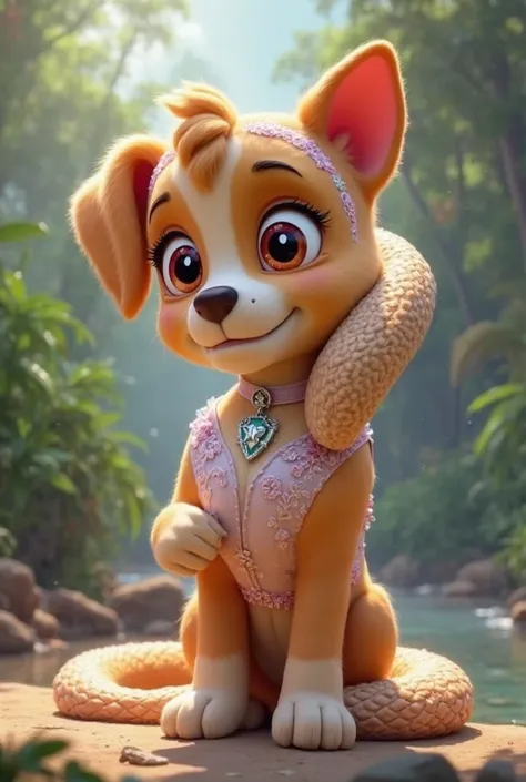 Paw Patrol Sky Furry in a wedding swimsuit is tightly wrapped around the Anaconda snake 