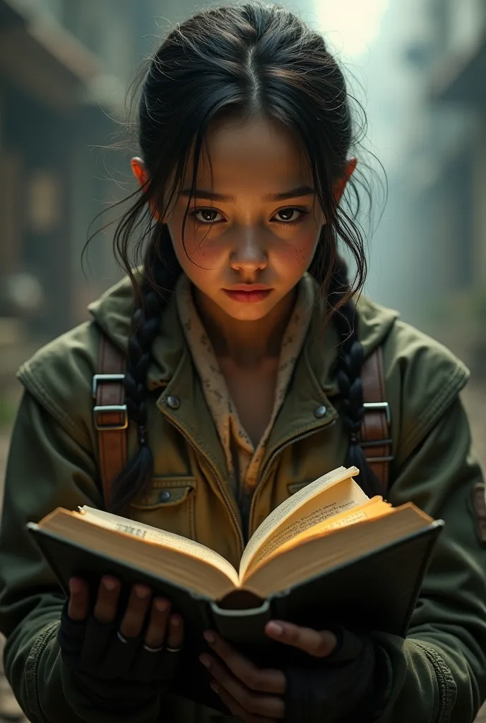 Make an image of a girl wearing a hunger games clothes and reading a book and was shock on what she saw front view and whole body