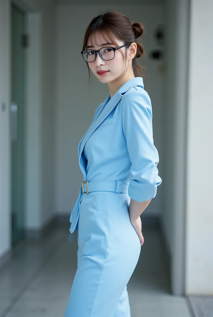 I want to create a wide angle picture. Great work.:1.2, White Miko Dress, 8k,  UHD,  high profile , Knee shot,  Movie Light, 20 year old woman , Neat suit in light blue, slim and perfect figure,  with glasses, Hair bun,   perfect body proportions , beautif...