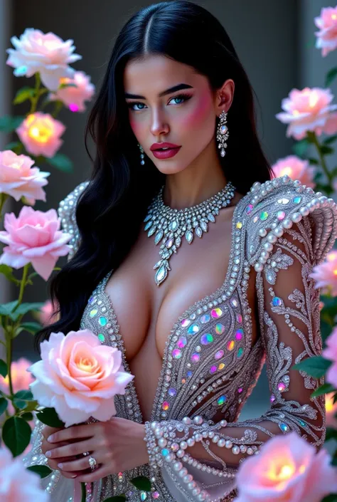 A stunning  complete body full length with pearls hut large massive woman flower, solo, rose, 1girl, realistic, blue eyes, rainbow colorful flower,  rainbow  colorful rose, holding, looking at viewer  wearing diamond necklace sparkly shimmering shiny diamo...