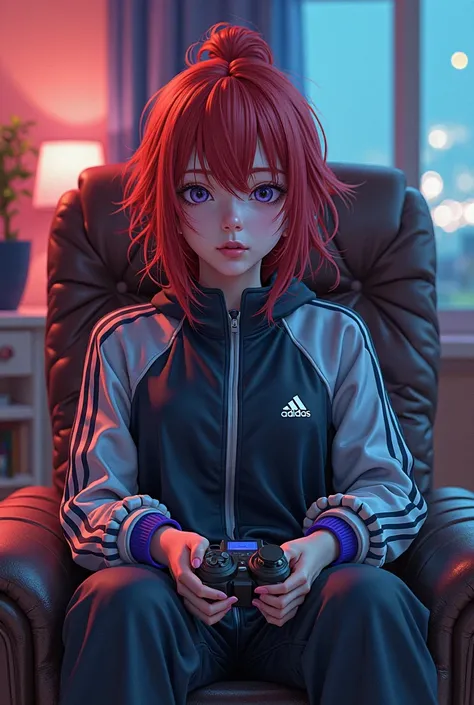 Anime girl with red hair in an adidas tracksuit sits on an armchair and plays video games