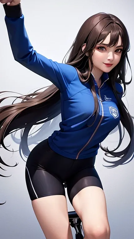 woman , long hair brown, normal, dark, she is solo, from alternative world ,best quality, realistic, cycling (full blue color) suit and cycling sports black shorts, she is stand , smile, red lipstick , 