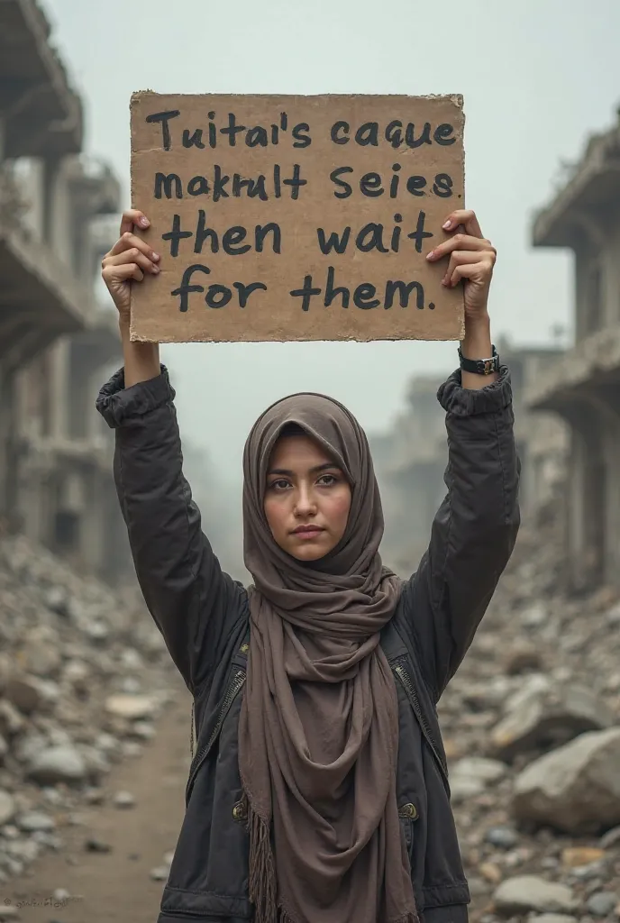 I want a picture of  hijabi girl She is 27 years old, carrying a sign amid the rubble of war that says “don’t wait for the opportunity create it.” The background will be blurry