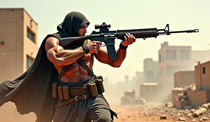 a muscular and slender warrior of Islam looks at the camera and shoots with a machine gun. He has broad shoulders and a narrow waist, a hairy body. Dynamic pose. There is a war going on in the background.