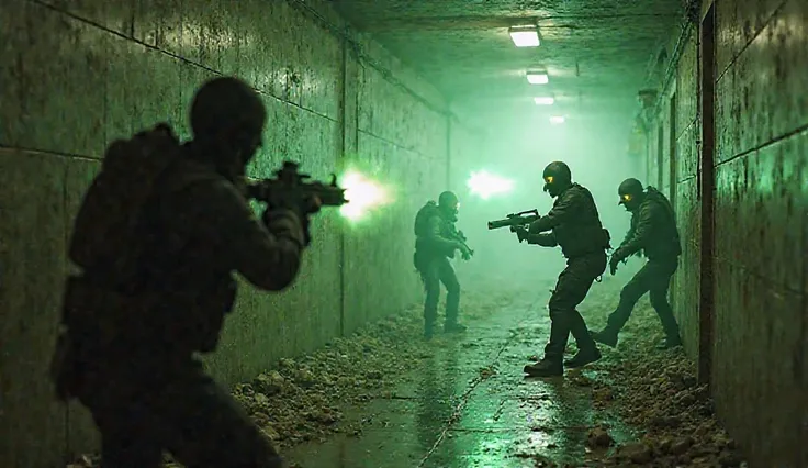 Alien forces with organic weapons appeared at the end of the corridor, fired green energy projectiles towards the human team. The fighters retaliate with a quick shot, take cover behind the rubble of the wall.