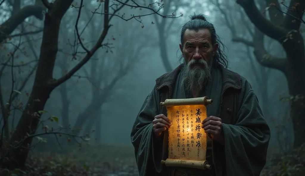 In a dense Japanese forest, set in the year 1949, an old japanese hunter with a grim and intense expression holds out an ancient scroll covered in mysterious, indecipherable symbols. His weathered face, deep wrinkles, and piercing eyes add to the eerie atm...