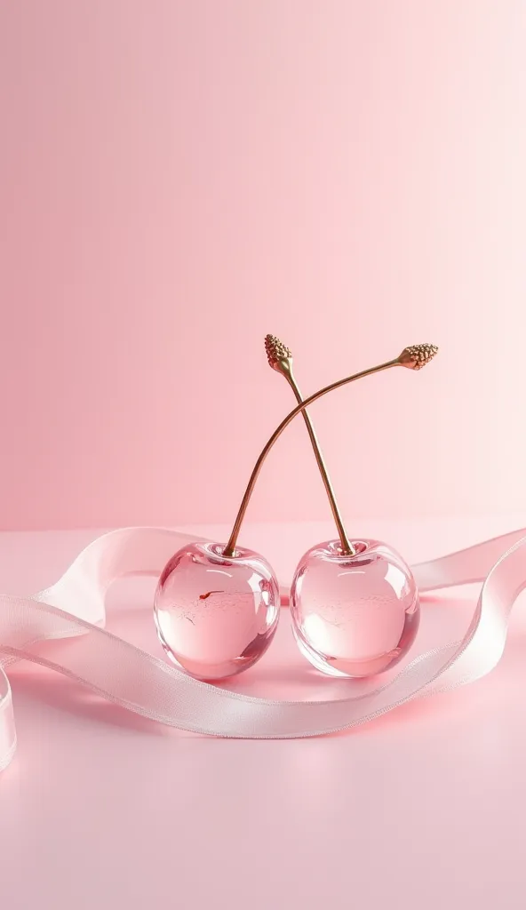 「pink dot background」, two clear glass cherries and a delicate ribbon set on an anatomically accurate.  super real, High Resolution, And.  Top Quality Rendering .”