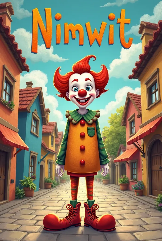 A vertical rectangle book cover of the text Nimwit on it and it's about a clown in a town.