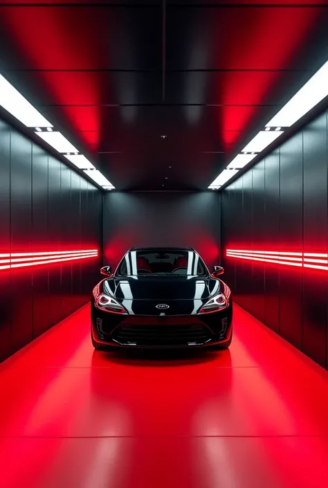 Black car wash workshop on its walls and ceiling, The red floor, white tube-shaped LED lights on the ceiling and side walls, red decorative lights in the form of lines on the side walls