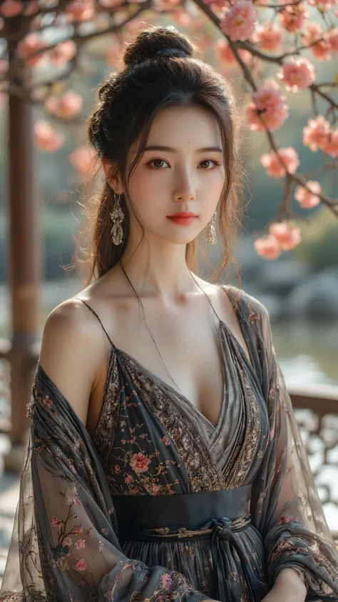 high quality,4K,Exquisite Realistic Painting,Professional Portrait ,In Gorgeous Padang Style Women,Delicate Fine Face Features,Long Ear Hair,ponytail,Makeup Exquisite Vibrant,Bare Shoulder Neck,Wearing a Black Painted Khanese Dress,Fine Frill,Sitting Under...