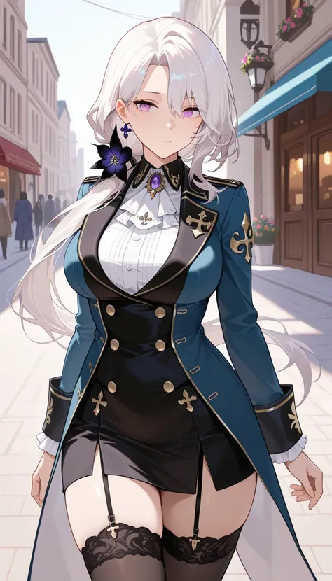 best quality, masterpiece, absurdres, 1girl, solo, (large_breasts:1.2), purple_eyes, (white_hair:1.0), hair_ornaments, tall, long_hair, black_skirt, blue_coat, double_breasted, ascot, brooch, long_sleeves, flower_hair_ornament, (low_ponytail:1.0), elegant,...