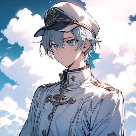  Grey Blue Hair 、 Blue Eyes 、short hair、man、Uniform Man、white shirt、hat、daytime、 Nice eyes 、expression、Smart 、Slim、background blue sky and white clouds 、Full of light、alone，Lighting