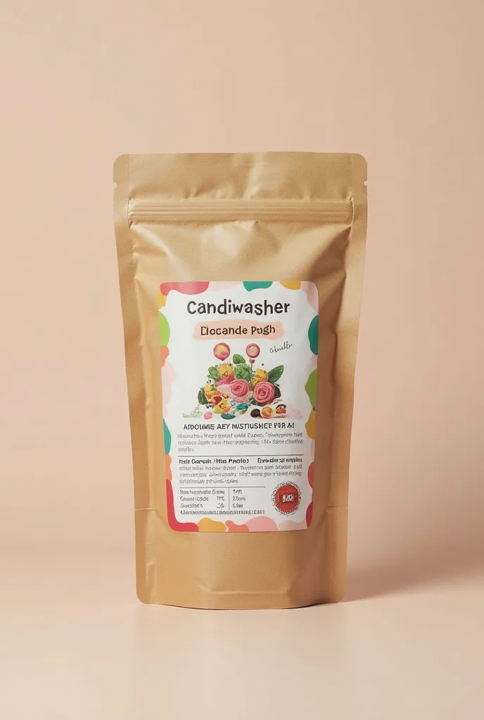 generate a logo for "Candiswasher" and create packaging inspired by the compostable  and eco friendly pouch you shared. The packaging will have a candy-themed and eco friendly and dishwashing design while maintaining an eco-friendly look. 

Make the packag...