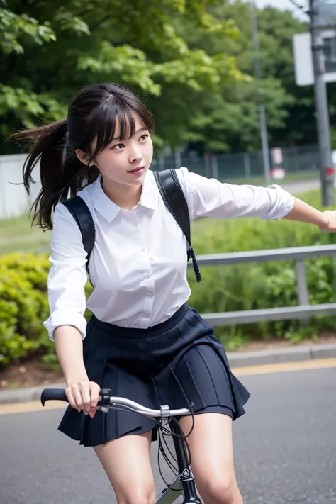 A schoolgirl in a mini skirt is riding a bicycle,The background is a panning shot.She is riding around a curve while leaning her bicycle.
