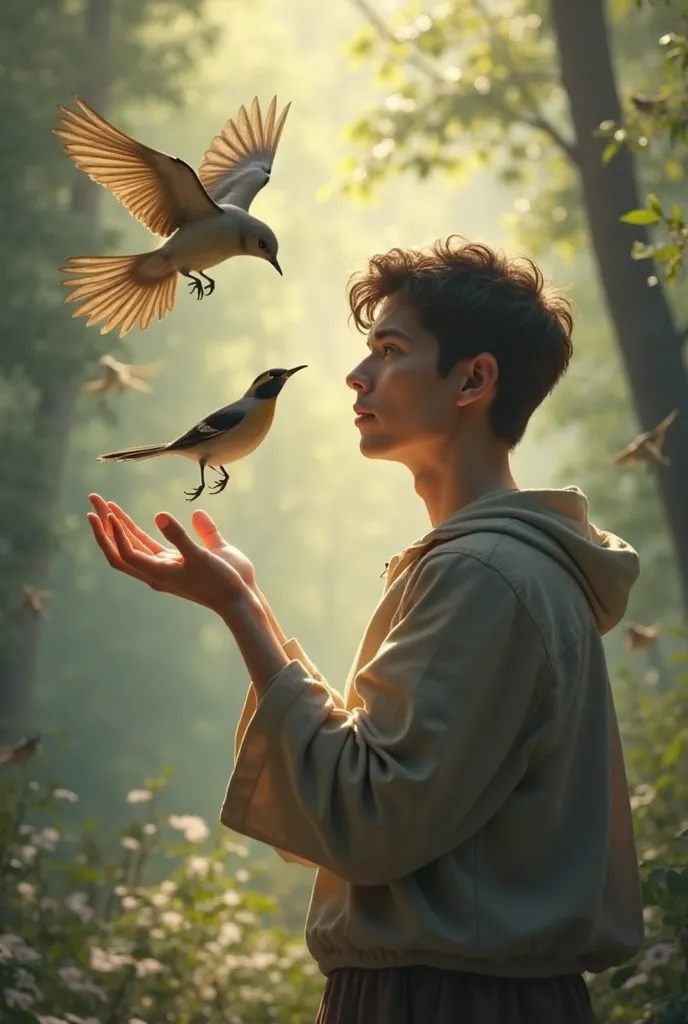 he shows his hand and than the birds enter the frame and lands on his hand