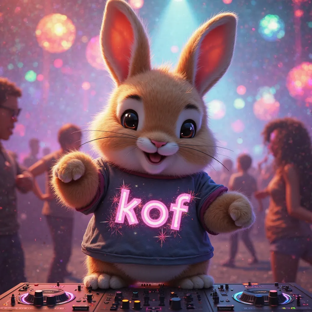 Cute fat bunny wears shirt with text "KOF" become a disco jockie 