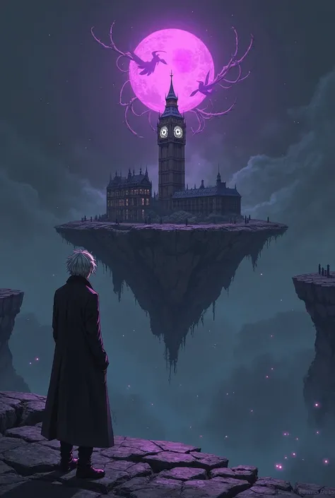 A anime-style illustration of a man standing on the edge of a broken landmass, positioned near the side of the frame, observing a single floating island in a deep void. The island is densely packed with buildings, leaving almost no space between them. At t...