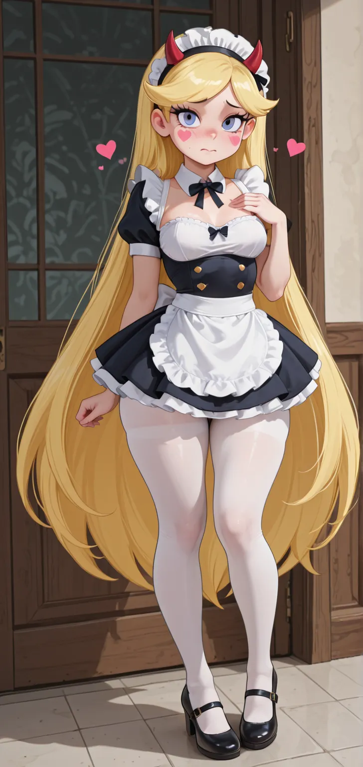 starbutterfly, 1girl, slim waist, very wide hips, thin waist, breasts, embarrassed,hands cover breasts, very thick thighs, (maid headdress,public_indecency maid, maid little apron, white pantyhose, black highheels), starbutterfly, 1girl, blonde hair, horne...