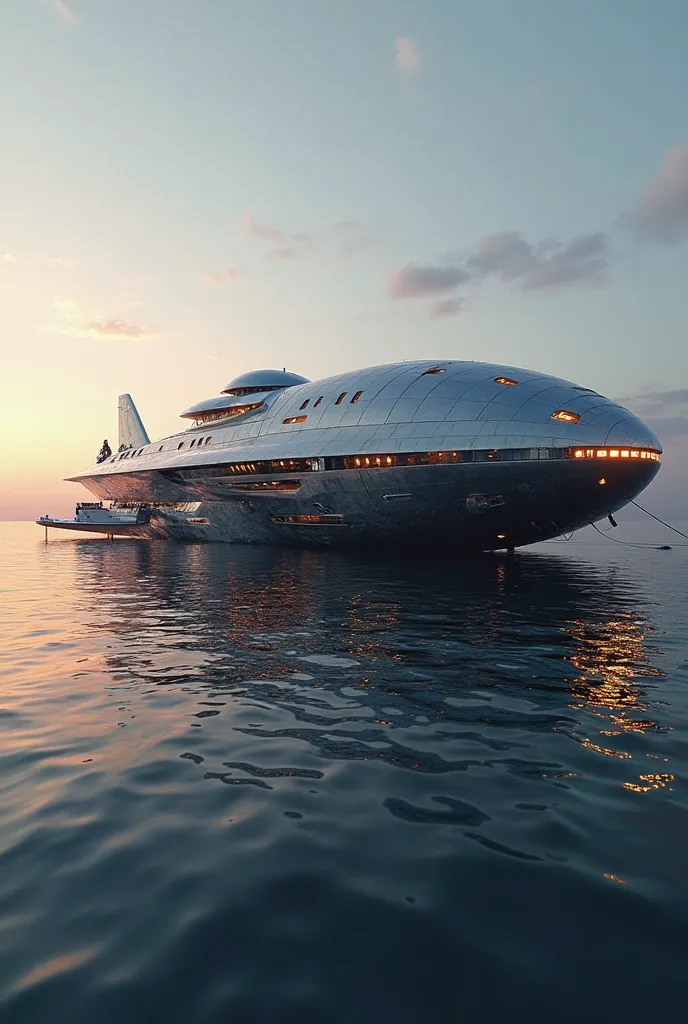 Enormous and very cool spaceship , sleek with reflected metal elements, led lights and reflected glass, landed peacefully on the seawater. At dawn, breathtaking, 