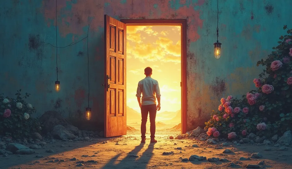 A person standing in front of a door that is opening to a new, vibrant world. The person is stepping forward with confidence, leaving behind a dark, uncertain past. The new world is filled with light, colorful landscapes, and symbols of new opportunities a...