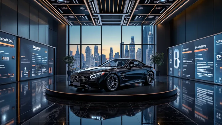 A luxurious, futuristic car showroom with floor-to-ceiling digital screens displaying the specifications of the Mercedes-Benz SL 300 2025. The vehicle sits on an elevated platform, surrounded by sleek LED lighting. The floor is a polished black marble that...