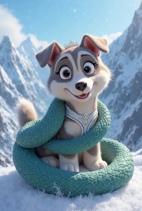 Everest furry from the Paw Patrol with long hair in a wedding swimsuit is tightly wrapped in the Anaconda snake 