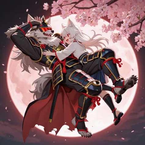 Full body male werewolf, White hair, long,  wolf ears, red eyes, happy, wearing samurai armor, color white with shades of red and gold Japanese men's,  lying on your back, near a bonfire, Back background a field of cherry blossoms, Bloody Full Moon