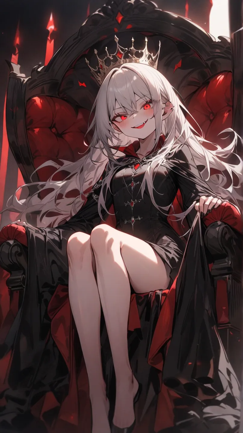 ((Best masterpiece, Perfect quality, Ultra detailed)), A vampire girl with small breasts, With skinny slander body, Silver hair, Glowing red eyes, Putting on a black robe, Crown, Sitting on the throne, Ridiculing, Despising, Evil smile, Vampire, Monster, F...