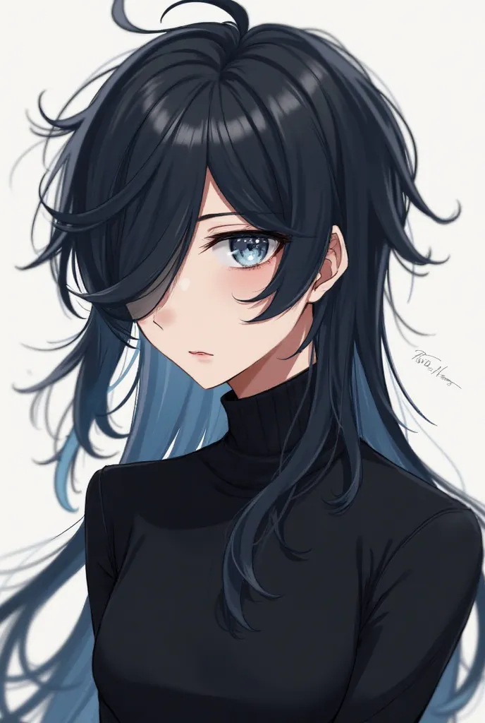 Gender:{Male}
Hair:{long silky, in black hair colour. It has a lot of volume and texture, with some pieces sticking up and others falling down. The bangs are short and sweep to the side}
Eyes:{soft pale blue}
Expression:{sad, his eyes half open and staring...